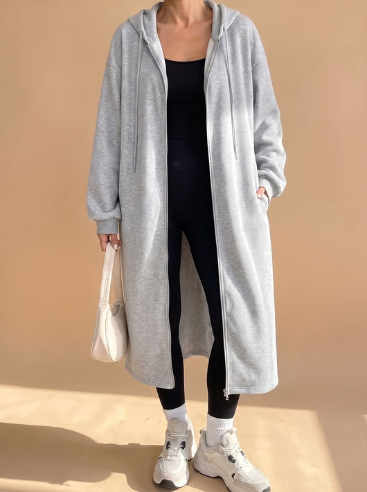 Frieda | Damen Lange Kapuzenjacke mit Reißverschluss Relaxed Fit