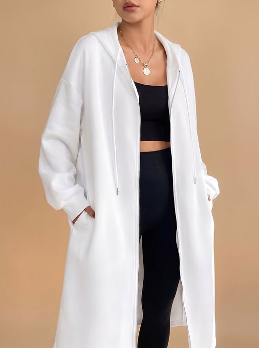 Frieda | Damen Lange Kapuzenjacke mit Reißverschluss Relaxed Fit