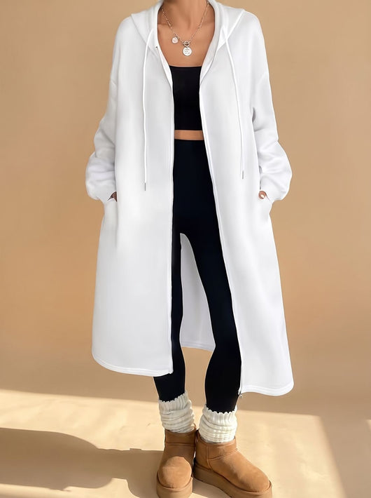 Frieda | Damen Lange Kapuzenjacke mit Reißverschluss Relaxed Fit