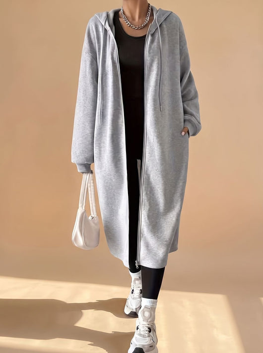Frieda | Damen Lange Kapuzenjacke mit Reißverschluss Relaxed Fit