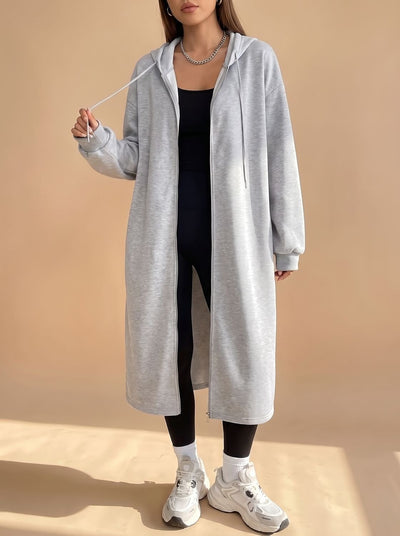 Frieda | Damen Lange Kapuzenjacke mit Reißverschluss Relaxed Fit