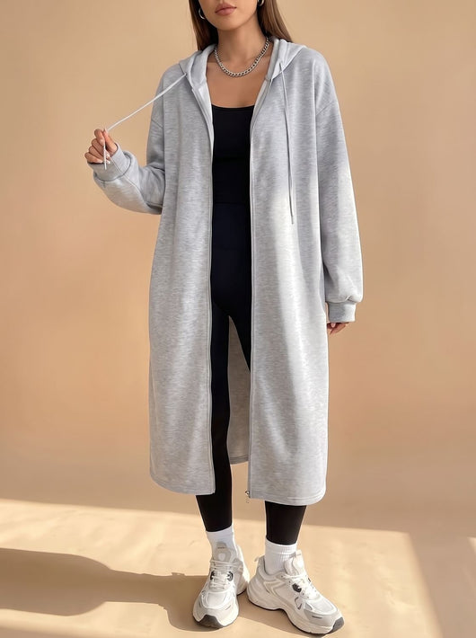 Frieda | Damen Lange Kapuzenjacke mit Reißverschluss Relaxed Fit