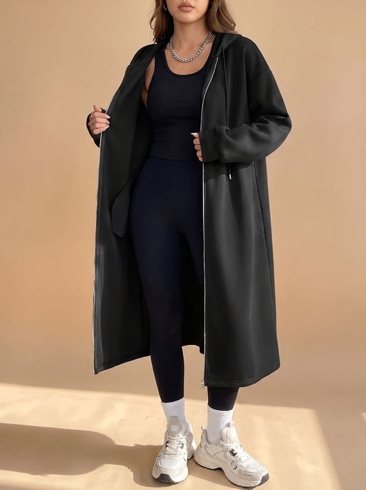 Frieda | Damen Lange Kapuzenjacke mit Reißverschluss Relaxed Fit