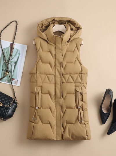 Lena | Damen Lange Steppweste mit Kapuze Taillierbare Bodywarmer Longweste