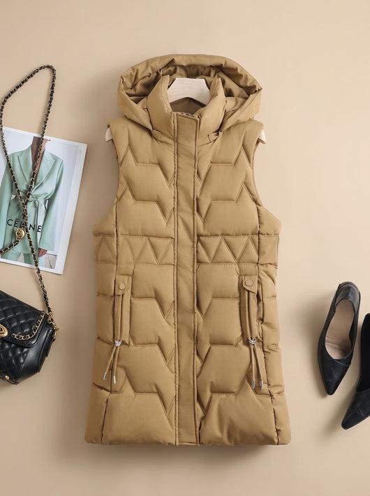 Lena | Damen Lange Steppweste mit Kapuze Taillierbare Bodywarmer Longweste