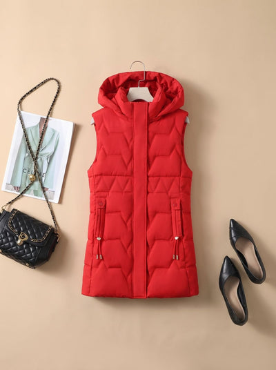 Lena | Damen Lange Steppweste mit Kapuze Taillierbare Bodywarmer Longweste