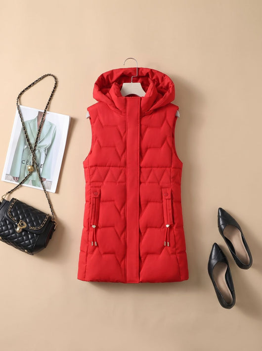 Lena | Damen Lange Steppweste mit Kapuze Taillierbare Bodywarmer Longweste