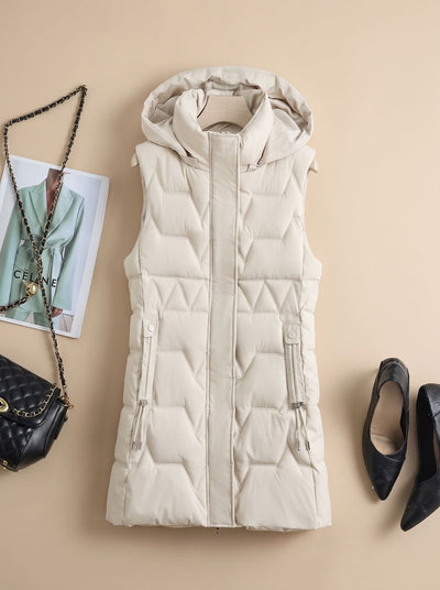 Lena | Damen Lange Steppweste mit Kapuze Taillierbare Bodywarmer Longweste