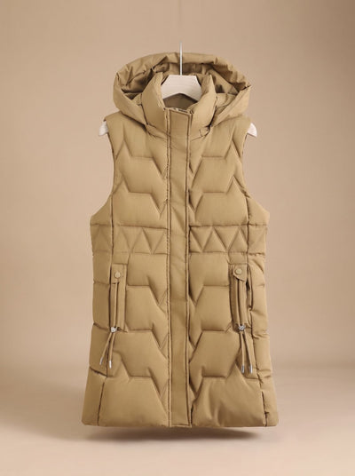 Lena | Damen Lange Steppweste mit Kapuze Taillierbare Bodywarmer Longweste