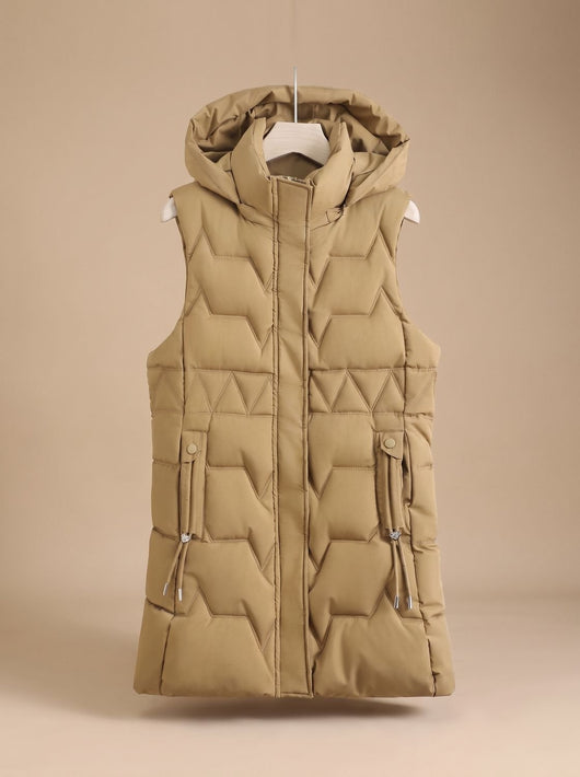 Lena | Damen Lange Steppweste mit Kapuze Taillierbare Bodywarmer Longweste