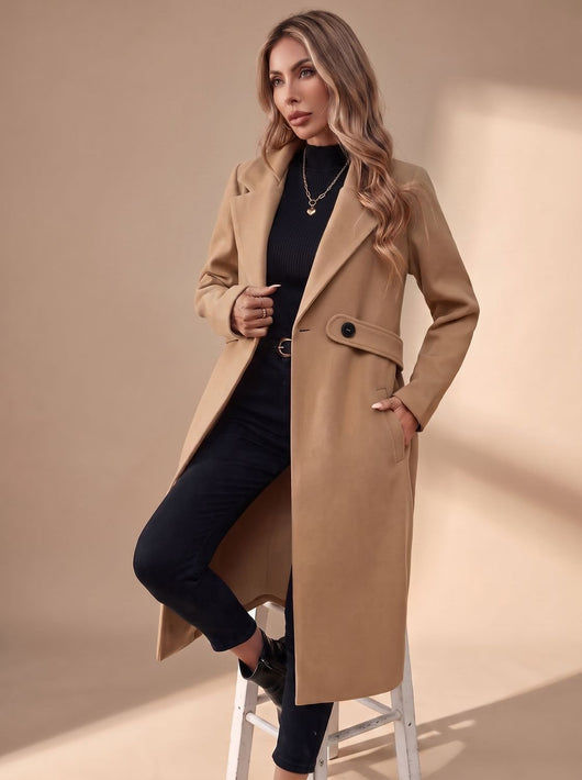 Katharina | Damen Langer Eleganter Wintermantel mit Revers und Seitentaschen