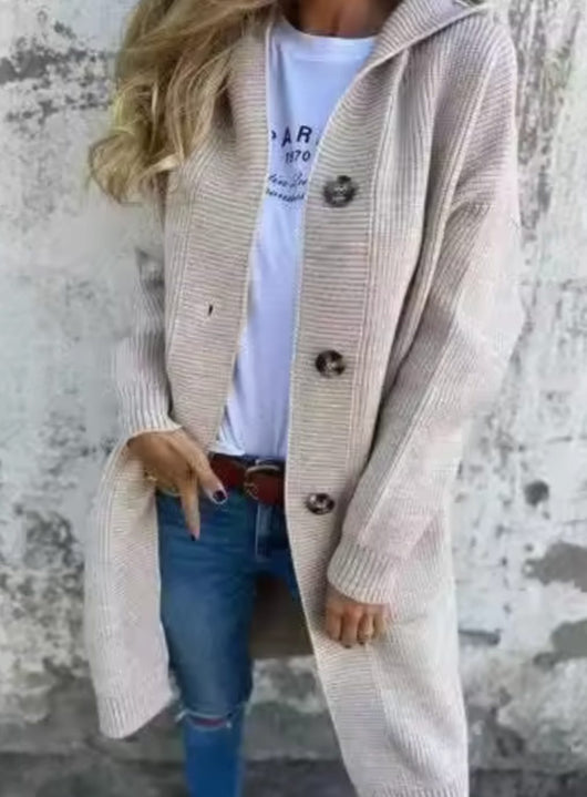 Emilia | Damen Langer Strickmantel Strickjacke mit Kapuze Knopfleiste