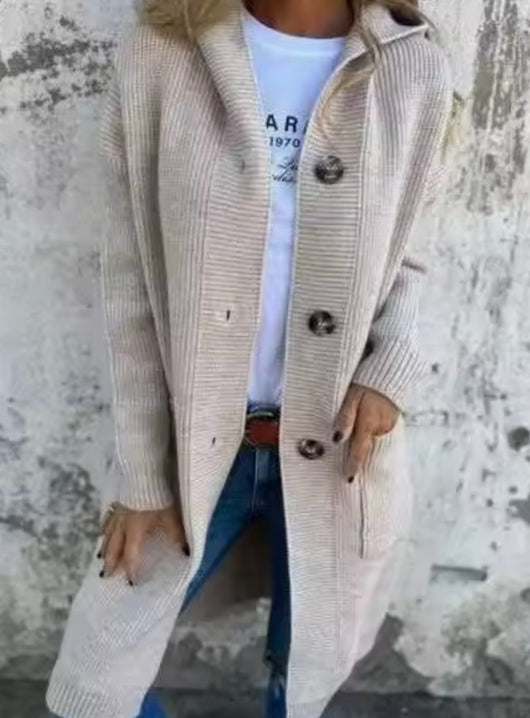 Emilia | Damen Langer Strickmantel Strickjacke mit Kapuze Knopfleiste