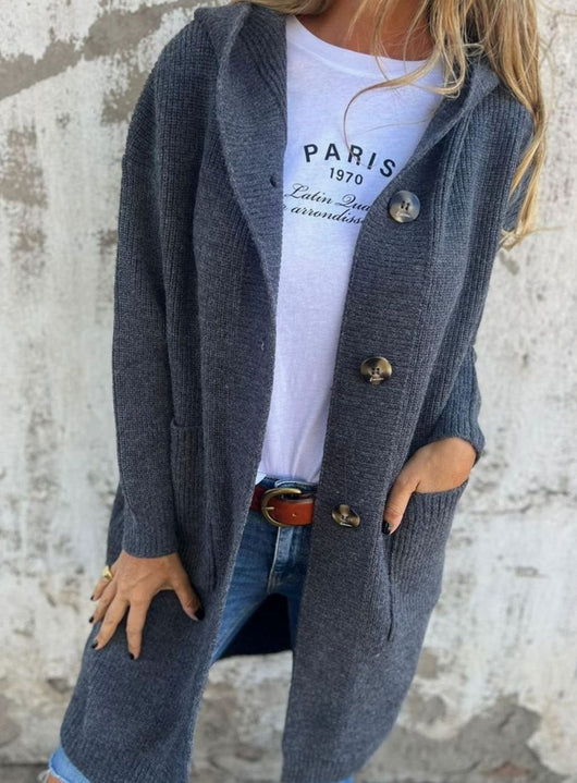 Emilia | Damen Langer Strickmantel Strickjacke mit Kapuze Knopfleiste