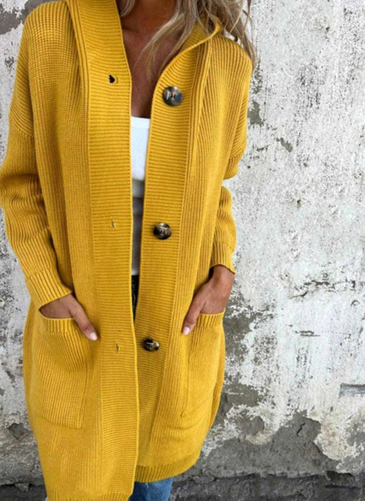 Emilia | Damen Langer Strickmantel Strickjacke mit Kapuze Knopfleiste