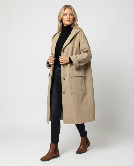 Annika | Damen Langer Wasserabweisender Windproof Trench Coat mit Kapuze