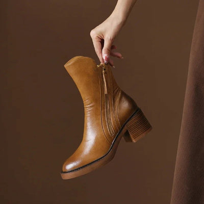 Charlotte | Damen Leder Ankle Boots mit Blockabsatz und Reißverschluss