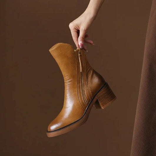 Charlotte | Damen Leder Ankle Boots mit Blockabsatz und Reißverschluss