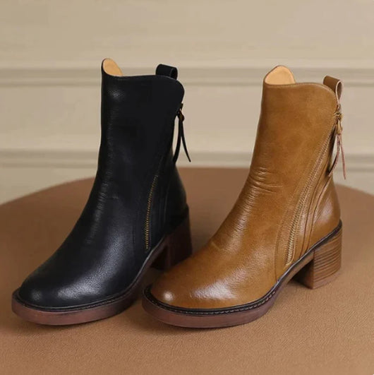 Charlotte | Damen Leder Ankle Boots mit Blockabsatz und Reißverschluss