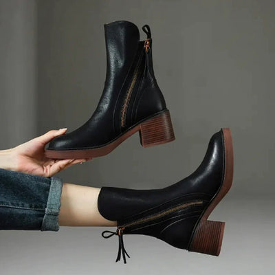 Charlotte | Damen Leder Ankle Boots mit Blockabsatz und Reißverschluss
