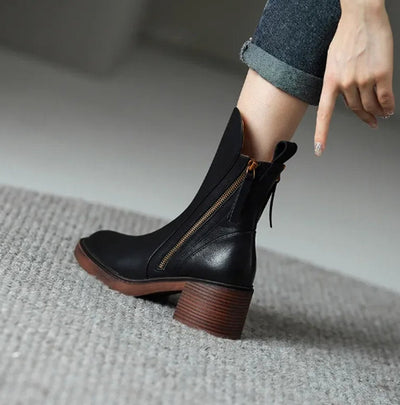 Charlotte | Damen Leder Ankle Boots mit Blockabsatz und Reißverschluss