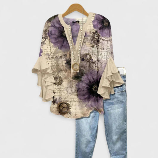Clara | Damen Leichte Bluse Blumenprint V-Ausschnitt Rüschenärmel