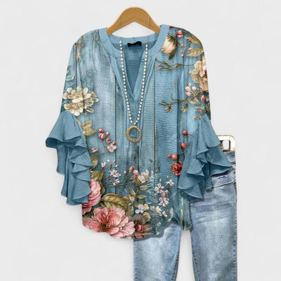 Clara | Damen Leichte Bluse Blumenprint V-Ausschnitt Rüschenärmel