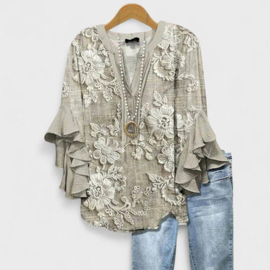 Clara | Damen Leichte Bluse Blumenprint V-Ausschnitt Rüschenärmel