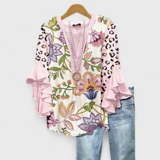 Clara | Damen Leichte Bluse Blumenprint V-Ausschnitt Rüschenärmel