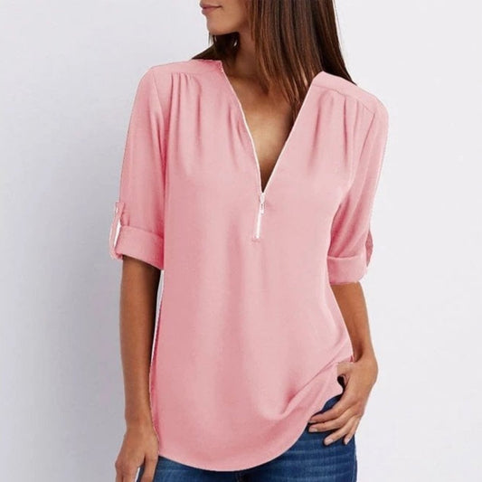 Marlene | Damen Leichte Zip-V-Ausschnitt Krempelarm-Bluse