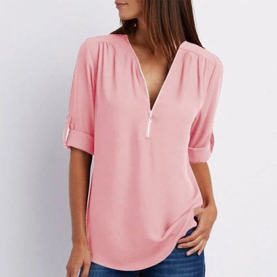 Marlene | Damen Leichte Zip-V-Ausschnitt Krempelarm-Bluse