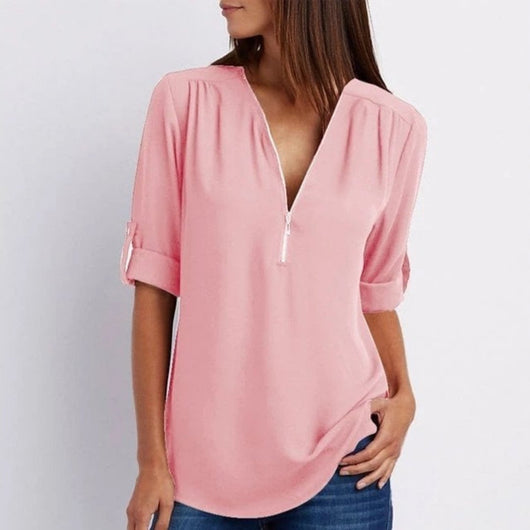 Marlene | Damen Leichte Zip-V-Ausschnitt Krempelarm-Bluse