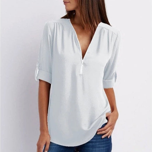 Marlene | Damen Leichte Zip-V-Ausschnitt Krempelarm-Bluse