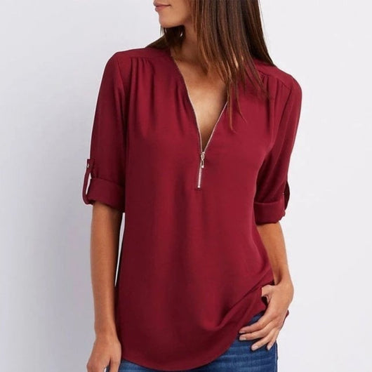 Marlene | Damen Leichte Zip-V-Ausschnitt Krempelarm-Bluse