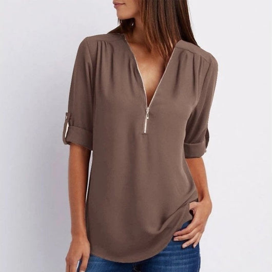 Marlene | Damen Leichte Zip-V-Ausschnitt Krempelarm-Bluse