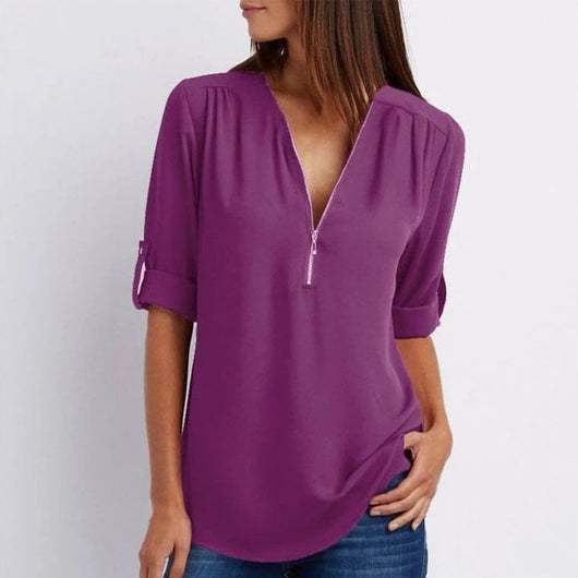 Marlene | Damen Leichte Zip-V-Ausschnitt Krempelarm-Bluse