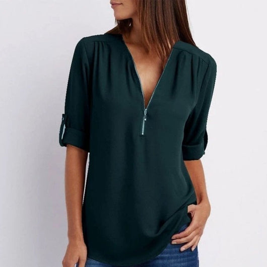 Marlene | Damen Leichte Zip-V-Ausschnitt Krempelarm-Bluse