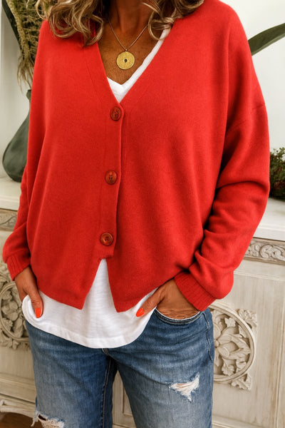 Frieda | Damen Leichter V-Ausschnitt Geknöpfter Oversized Cardigan