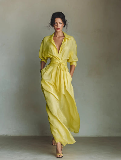 Emilia | Damen Leinen-Baumwoll Maxi Hemdkleid mit V-Ausschnitt