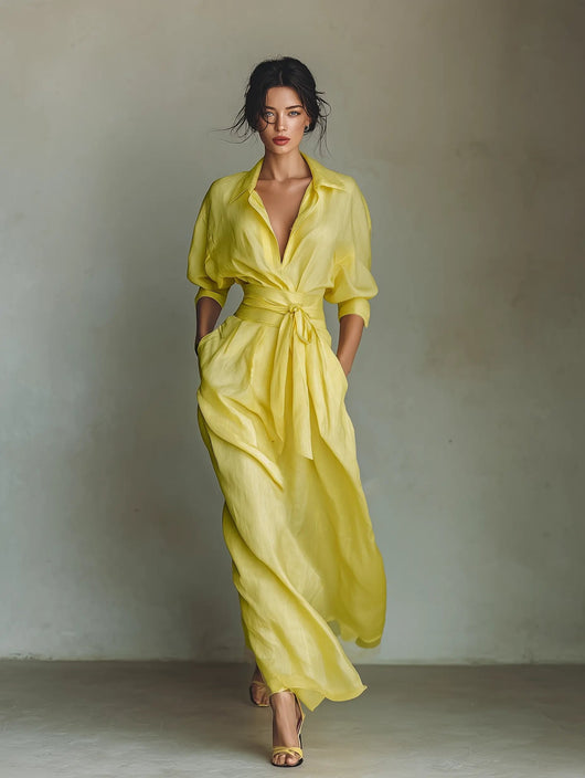 Emilia | Damen Leinen-Baumwoll Maxi Hemdkleid mit V-Ausschnitt