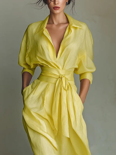 Emilia | Damen Leinen-Baumwoll Maxi Hemdkleid mit V-Ausschnitt