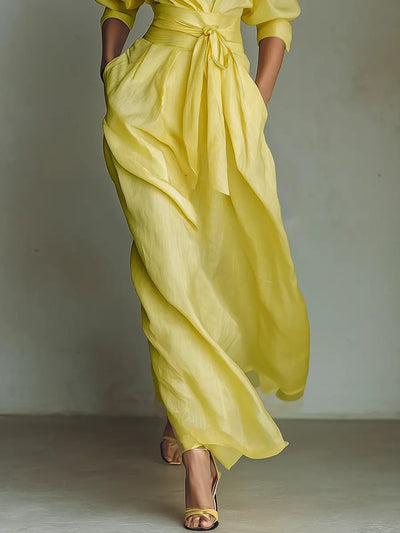 Emilia | Damen Leinen-Baumwoll Maxi Hemdkleid mit V-Ausschnitt
