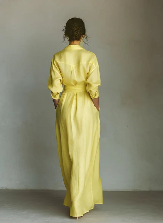 Emilia | Damen Leinen-Baumwoll Maxi Hemdkleid mit V-Ausschnitt