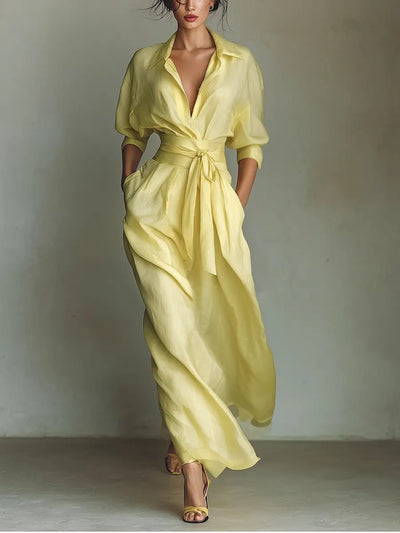 Emilia | Damen Leinen-Baumwoll Maxi Hemdkleid mit V-Ausschnitt