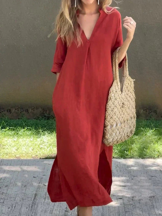 Mia | Damen Leinen-Baumwoll Maxi-Sommerkleid V-Ausschnitt Halbarm