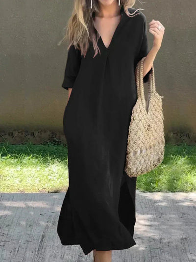 Mia | Damen Leinen-Baumwoll Maxi-Sommerkleid V-Ausschnitt Halbarm