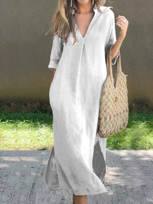 Mia | Damen Leinen-Baumwoll Maxi-Sommerkleid V-Ausschnitt Halbarm