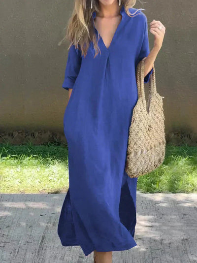 Mia | Damen Leinen-Baumwoll Maxi-Sommerkleid V-Ausschnitt Halbarm