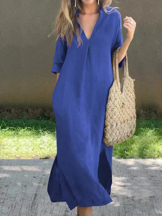 Mia | Damen Leinen-Baumwoll Maxi-Sommerkleid V-Ausschnitt Halbarm