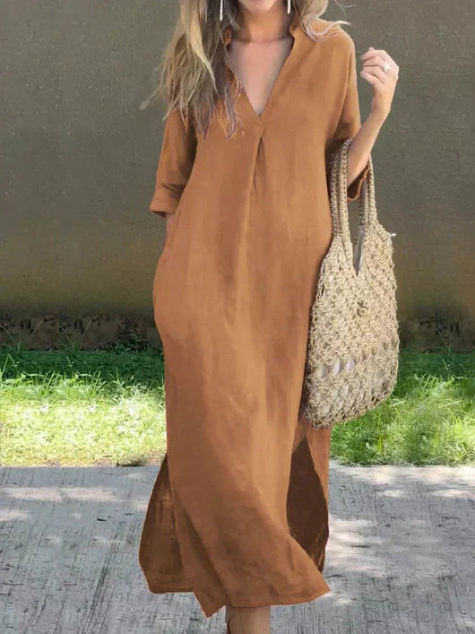 Mia | Damen Leinen-Baumwoll Maxi-Sommerkleid V-Ausschnitt Halbarm